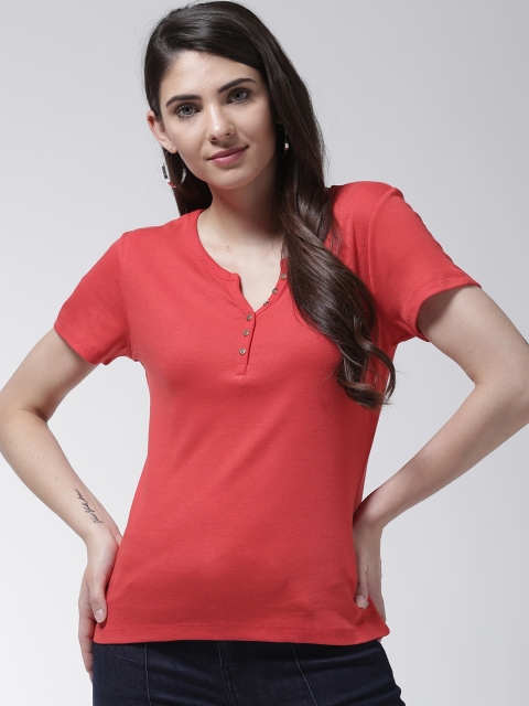 

Madame Women Red Solid Pure Cotton T-shirt