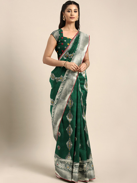 

Saree Swarg Green Silk Blend Woven Design Banarasi Saree