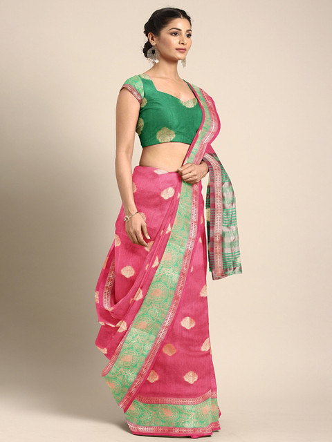 

Saree Swarg Pink & Gold-Toned Silk Cotton Woven Design Banarasi Saree