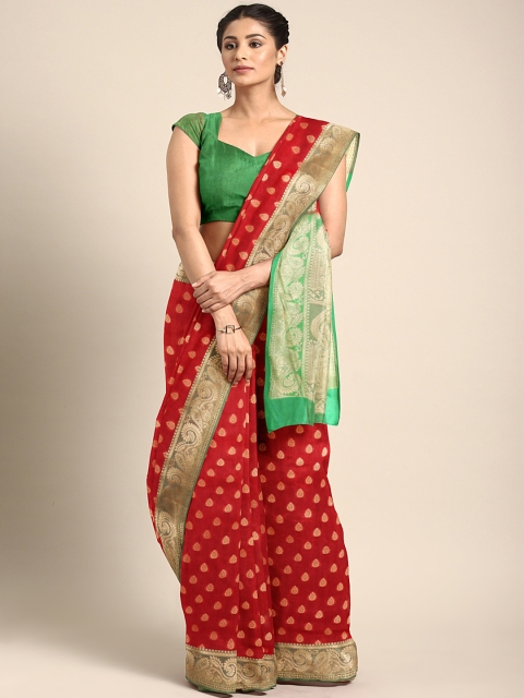 

Saree Swarg Women Red Silk Cotton Woven Design Banarasi Saree