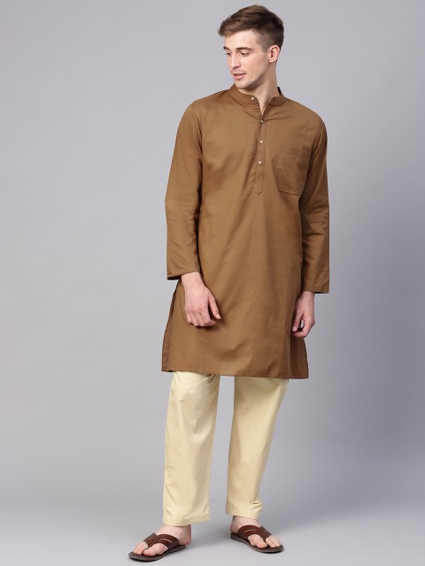 

Shree Men Olive Brown & Cream-Coloured Solid Kurta with Pyjamas