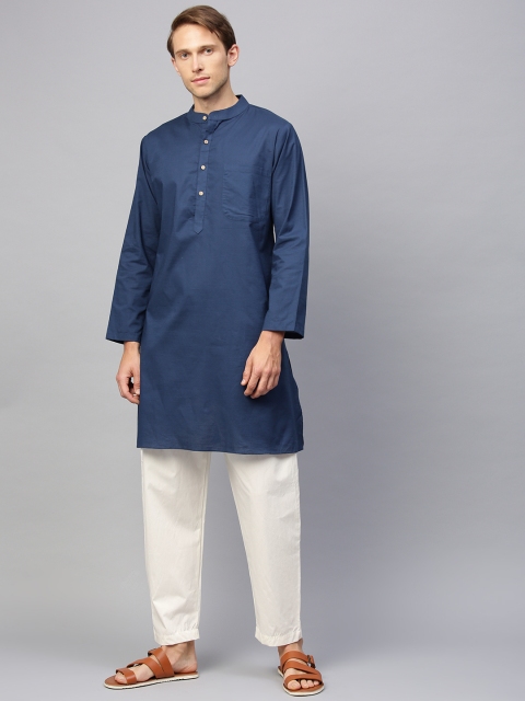 

Shree Men Navy Blue & White Solid Kurta with Pyjamas