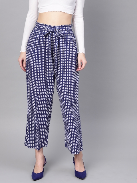 

RARE ROOTS Women Blue & White Loose Fit Checked Parallel Trousers
