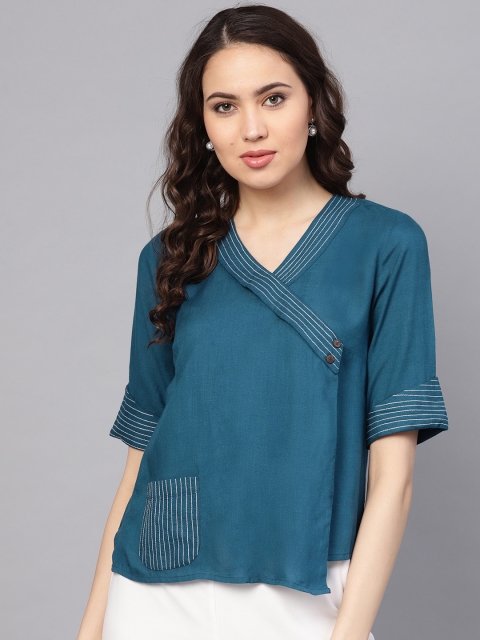 

RARE ROOTS Women Teal Blue Solid Wrap Top