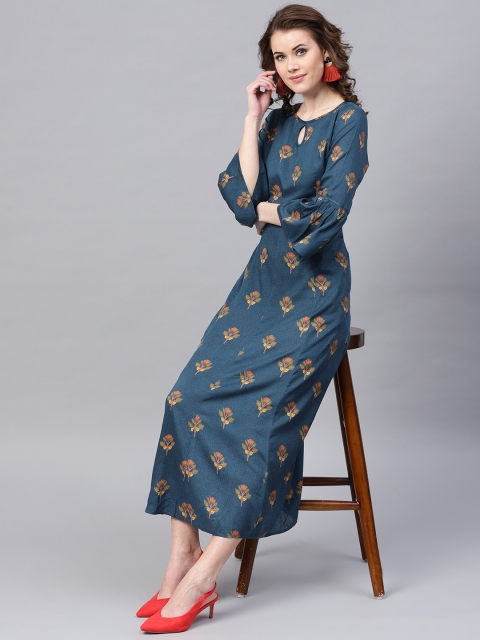 

RARE ROOTS Women Teal Blue Printed A-Line Dress