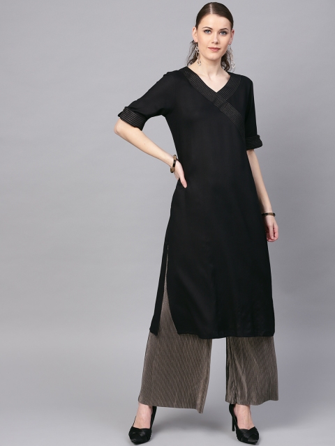 

RARE ROOTS Women Black Solid Straight Kurta