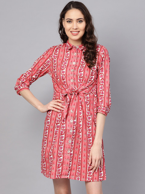 

RARE ROOTS Women Pink & White Printed Shirt Dress