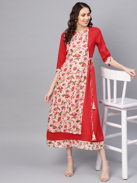

RARE ROOTS Women Red & White Printed Layered A-Line Dress