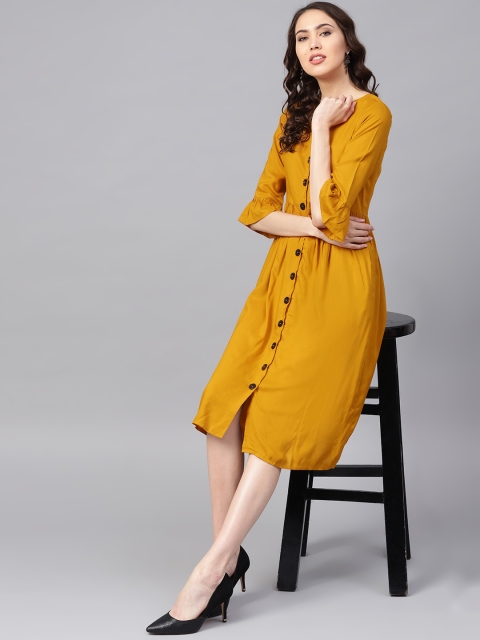 

RARE ROOTS Women Mustard Yellow Solid A-Line Dress