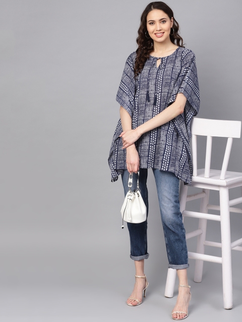 

RARE ROOTS Women Navy Blue & Grey Printed Kaftan Pure Cotton Top