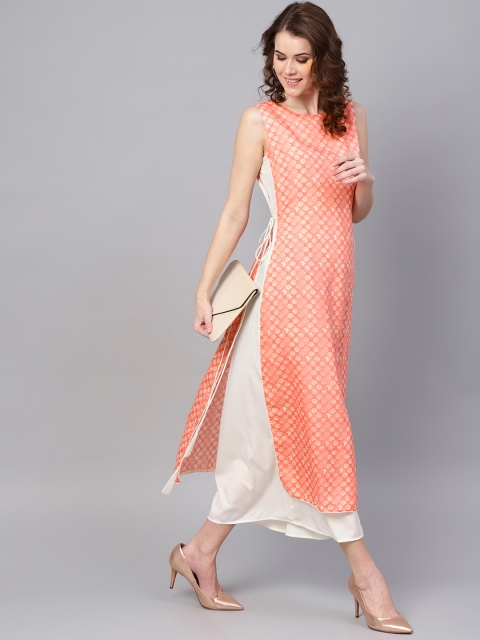 

RARE ROOTS Women Peach-Coloured & Off-White Printed Layered Maxi Dress