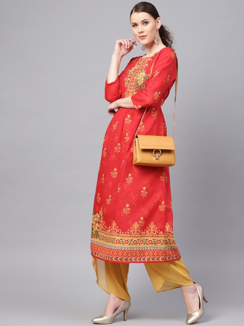 

RARE ROOTS Women Red & Mustard Yellow Printed A-Line Kurta