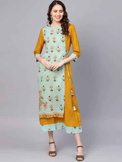 

RARE ROOTS Women Green & Mustard Yellow Printed Layered Midi A-Line Dress