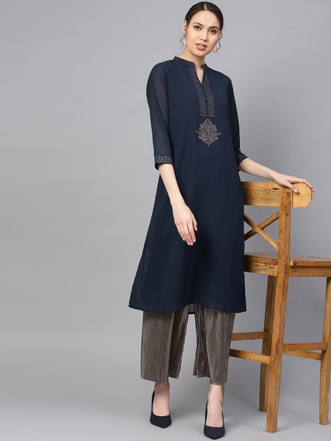 

RARE ROOTS Women Navy Blue Yoke Design A-Line Kurta