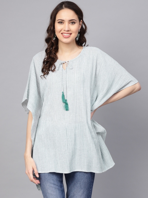 

RARE ROOTS Women White & Green Self-Striped Kaftan Top