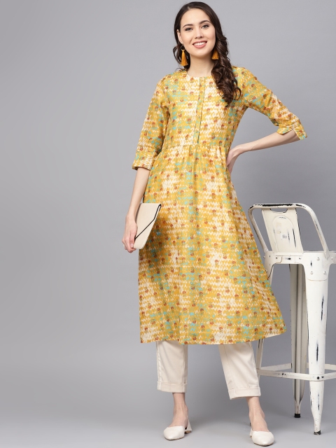 

RARE ROOTS Women Mustard Yellow & Off-White Printed A-Line Kurta