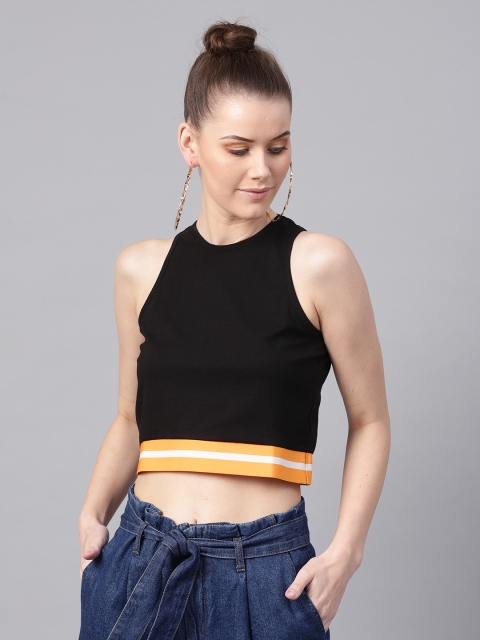 

SASSAFRAS Women Black Solid Crop Fitted Pure Cotton Top