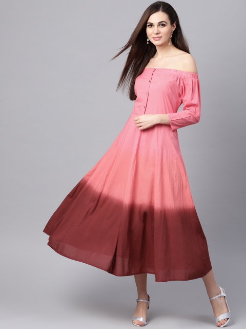 

SASSAFRAS Women Pink & Brown Dyed A-Line Dress