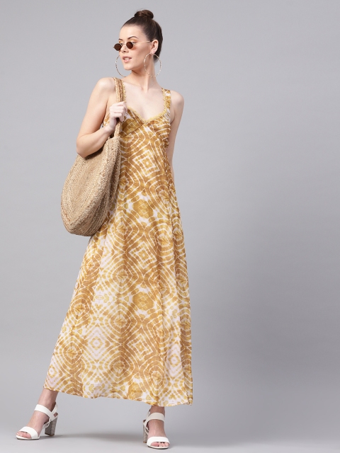 

SASSAFRAS Women Mustard Yellow & White Printed Maxi Dress