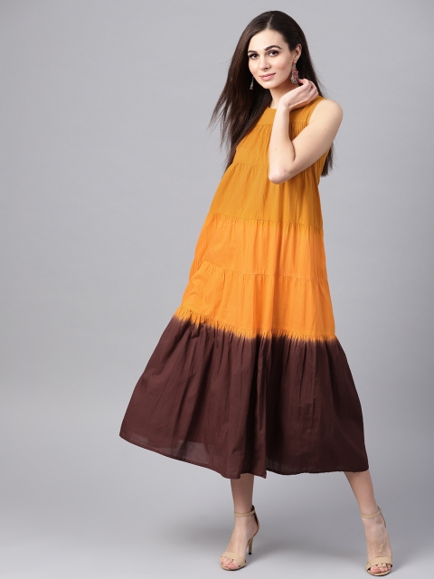 

SASSAFRAS Women Yellow & Brown Ombre Dyed Tiered Maxi Dress