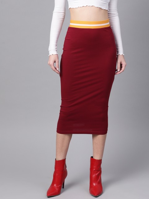 

SASSAFRAS Women Maroon Solid Midi Pencil Skirt
