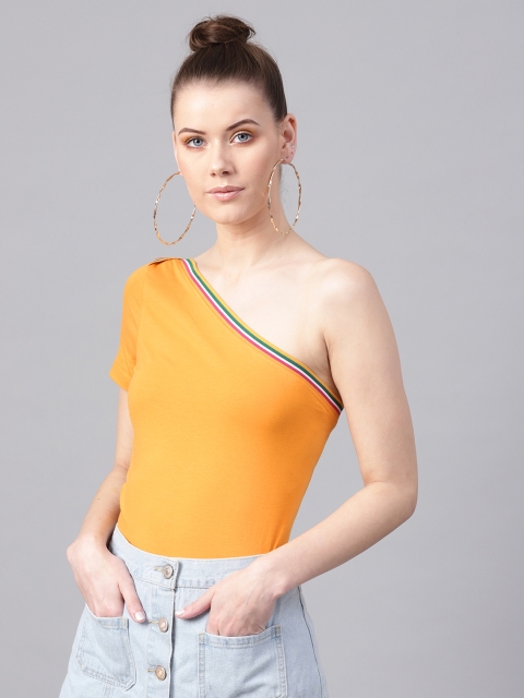 

SASSAFRAS Women Mustard Yellow Solid One-Shoulder Top
