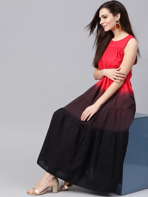 

SASSAFRAS Women Red & Aubergine Ombre Dyed Tiered Maxi Dress