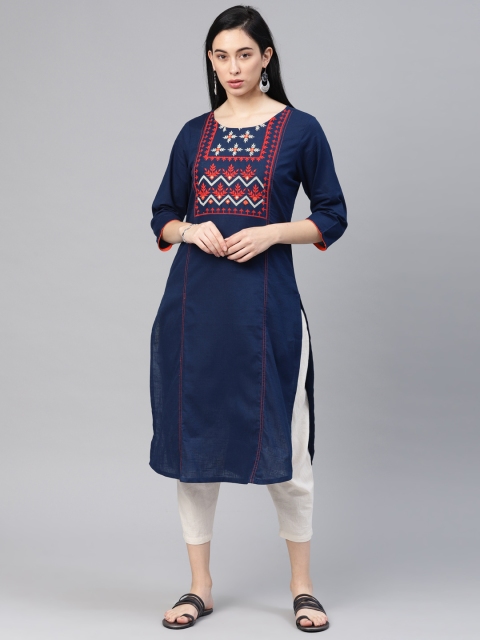 

Alena Women Navy Blue Embroidered Straight Kurta