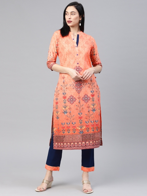 

Alena Women Orange & Navy Blue Embroidered Kurta with Trousers