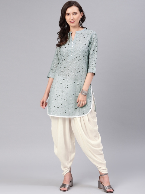 

Alena Women Grey & Off-White Self Design Kurta with Dhoti Pants
