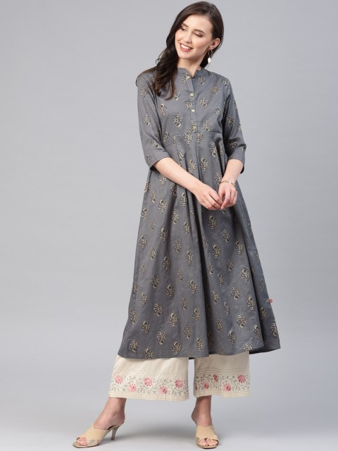

Alena Women Grey Printed Pleated A-Line Kurta