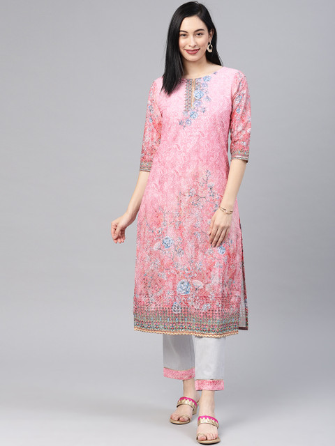 

Alena Women Pink & Grey Embroidered Kurta with Trousers