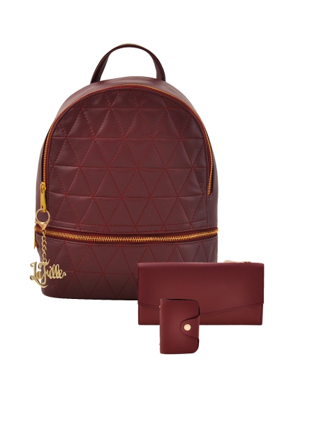 

LaFille Women Set of 3 Maroon Solid Backpack & Wallet with Coin Pouch
