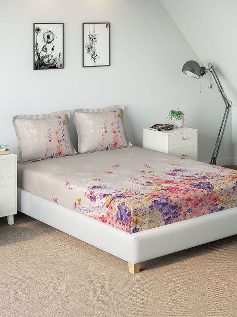 

DDecor Beige Floral 140 TC Cotton 1 King Bedsheet with 2 Pillow Covers
