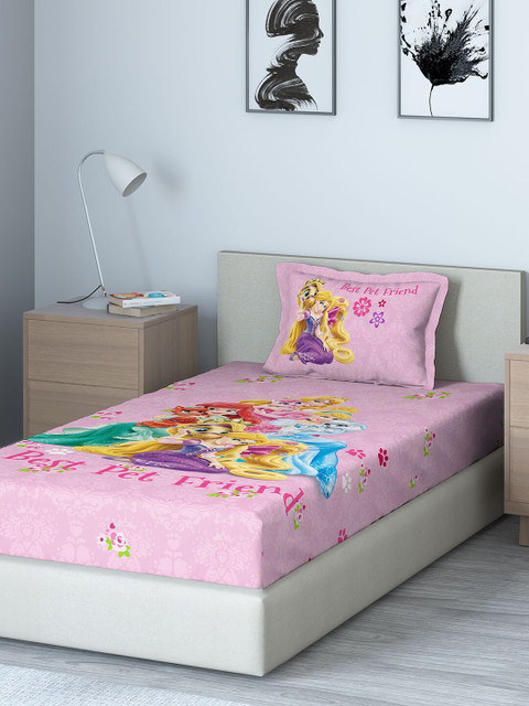 

DDecor Pink Cartoon Characters 150 TC Cotton 1 Single Bedsheet with 1 Pillow Cover