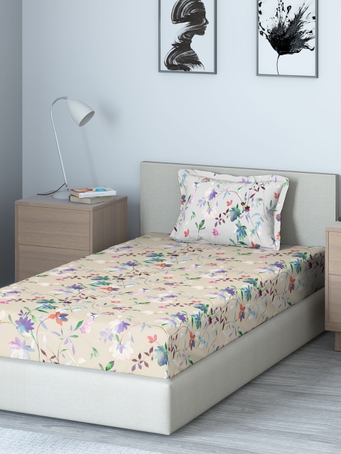 

DDecor Cream-Coloured Floral 140 TC Cotton 1 Single Bedsheet with 1 Pillow Covers