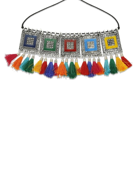 

Crunchy Fashion Rhodium-Plated Multicoloured Oxidised Thread Necklace, Multi