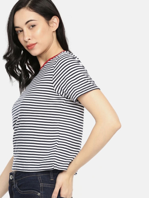 

Mast & Harbour Women Navy Blue & White Striped Round Neck Cropped Boxy T-shirt
