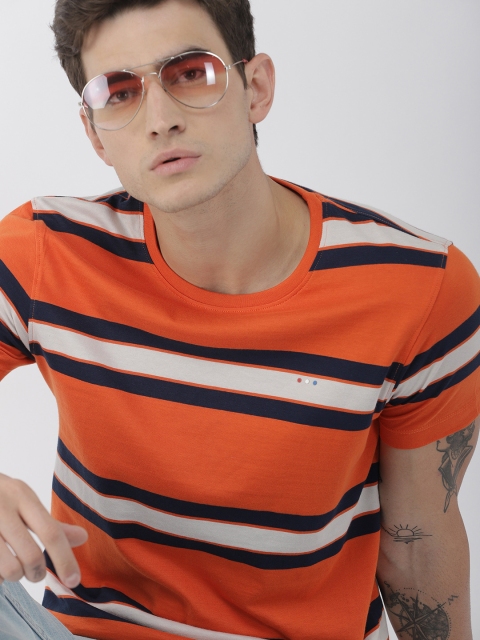 

Harvard Men Orange Navy Blue Striped Round Neck Pure Cotton T-shirt