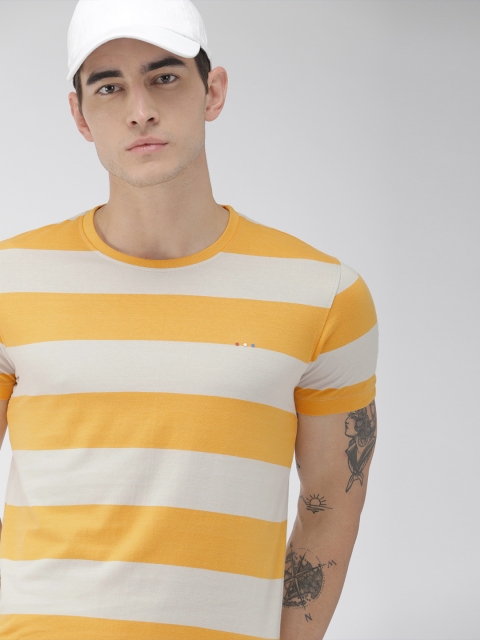 

Harvard Men Mustard Yellow Off-White Striped Round Neck Pure Cotton T-shirt
