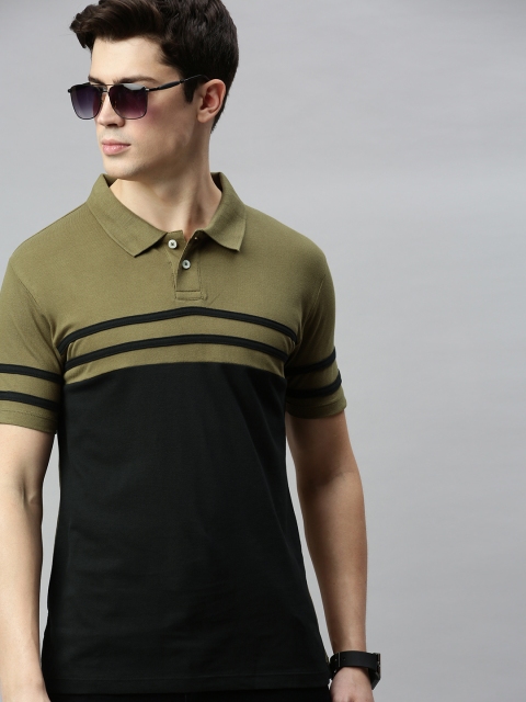 

Harvard Men Black & Olive Green Colourblocked Polo Collar T-shirt