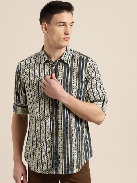 

Sangria Men Black & Cream-Coloured Regular Fit Striped Casual Shirt