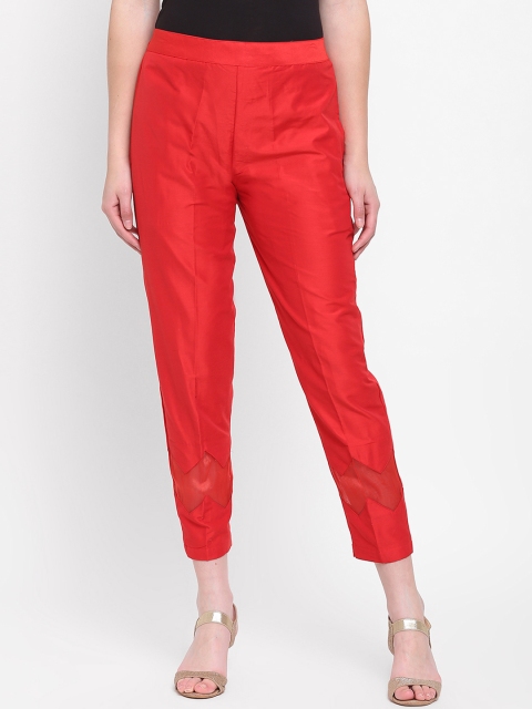 

RIVI Women Red Regular Fit Solid Silk Cigarette Trousers