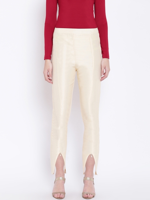 

RIVI Women Cream-Coloured Regular Fit Solid Silk Cigarette Trousers