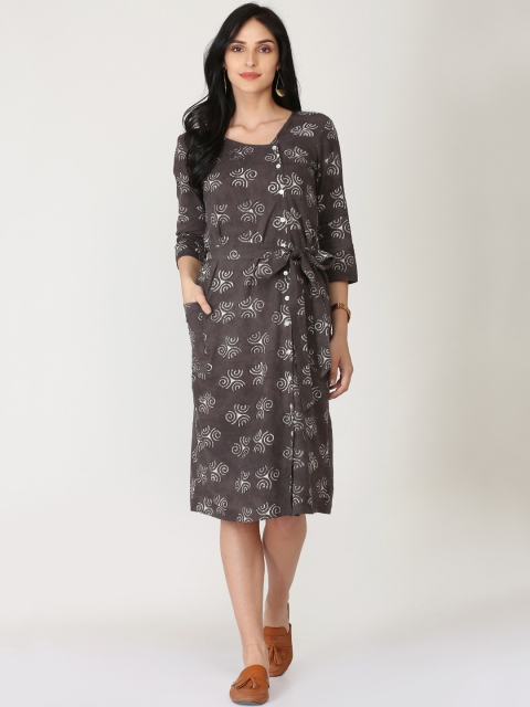 

Abhishti Women Brown Printed A-Line Dress