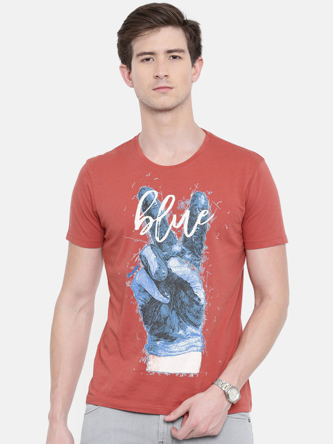 

Wrangler Men Rust Red Printed Round Neck T-shirt