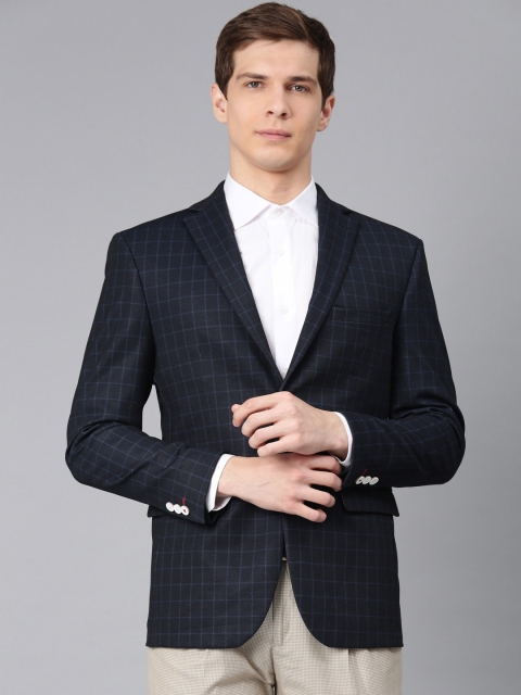 

Peter England Men Navy Blue Neo Slim Fit Checked Single Breasted Formal Blazer