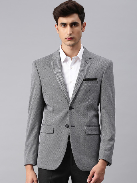 

Peter England Men Grey & Black Neo Slim Fit Self Design Single Breasted Casual Blazer