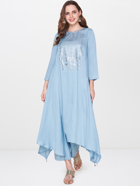

Global Desi Women Blue Sequinned Kurta with Trousers