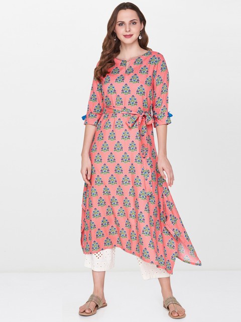 

Global Desi Women Coral Pink & Blue Printed Asymmetric A-Line Kurta
